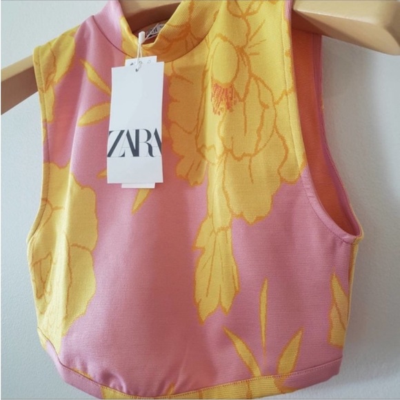 NEW Zara Floral Jacquard Sleeveless High Neck Crop Top - Picture 10 of 11